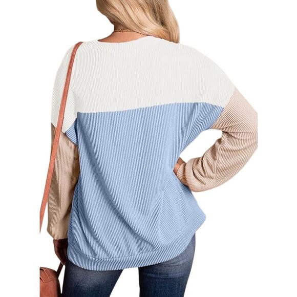 NWT ~ Blue & White Color Block Long Sleeve Pullover Crewneck Top ~ Women's XL - Picture 2 of 3